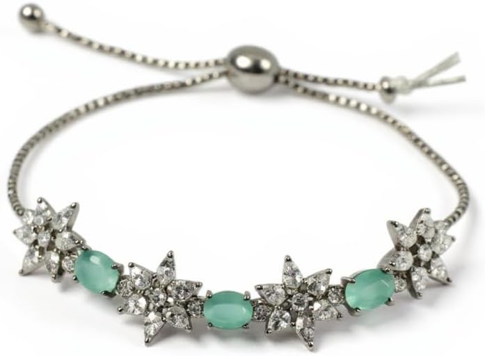1364-Pretty Precious Adjustable chain Bracelet Cubic Zircon/American Diamond Rohdium Plated for Women and Girls-Mint colour