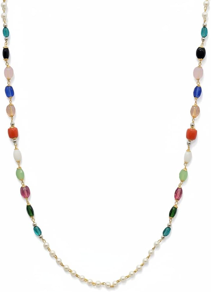 438533-Pretty Precious Pearl and Multicolour Gemstone Beaded Necklace, Gold Plated Chain with Green Blue Pink Turquoise Oval Stones