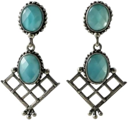 1361-Pretty Precious Oxidised Silver Stylish Party Wear Earrings for Women and Girls-Aqua Colour