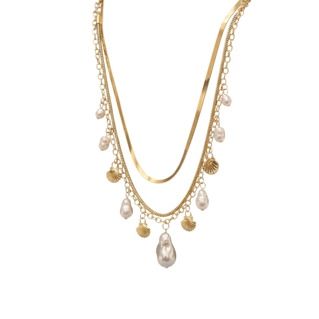 BC22533-Pretty Precious Layered Necklace Set, Gold, Pearl and Shell Charms, Multi-Strand Chain, Beach Ocean Theme