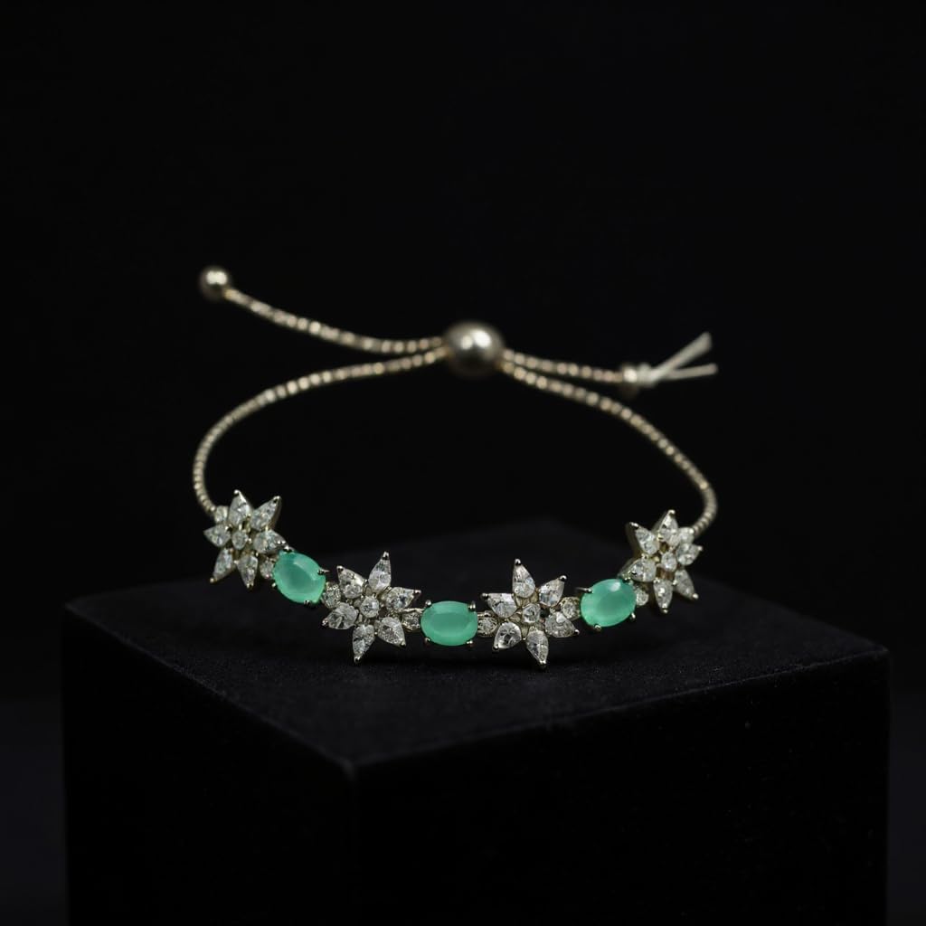 1364-Pretty Precious Adjustable chain Bracelet Cubic Zircon/American Diamond Rohdium Plated for Women and Girls-Mint colour
