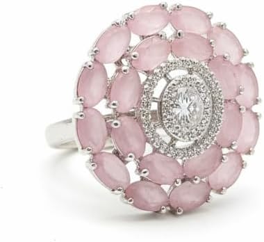 437627-Pretty Precious American Diamond Finger Ring for Women & Girls | Rhodium Plated AD Ring | Adjustable Elegant Party, Wedding & Daily Wear Jewellery-Pink