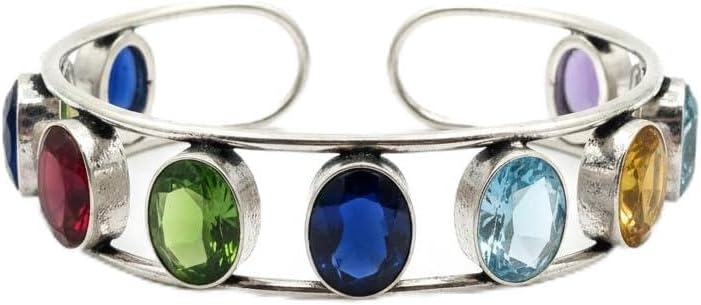 1505-Pretty Precious Multicolour Gemstone Cuff Bracelet, Silver Metal, Open Design, Oval Stones, Adjustable