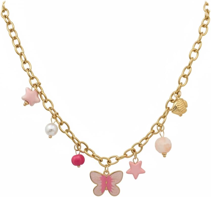 1370-Pretty Precious Premium Jewellery Mala Chain Necklace, Gold-Tone Stainless Steel, Pink Butterfly & Pearl Charms-Design-4