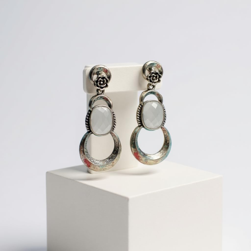 1356-Pretty Precious Oxidised Silver Stylish Party Wear Earrings for Women and Girls-White Colour