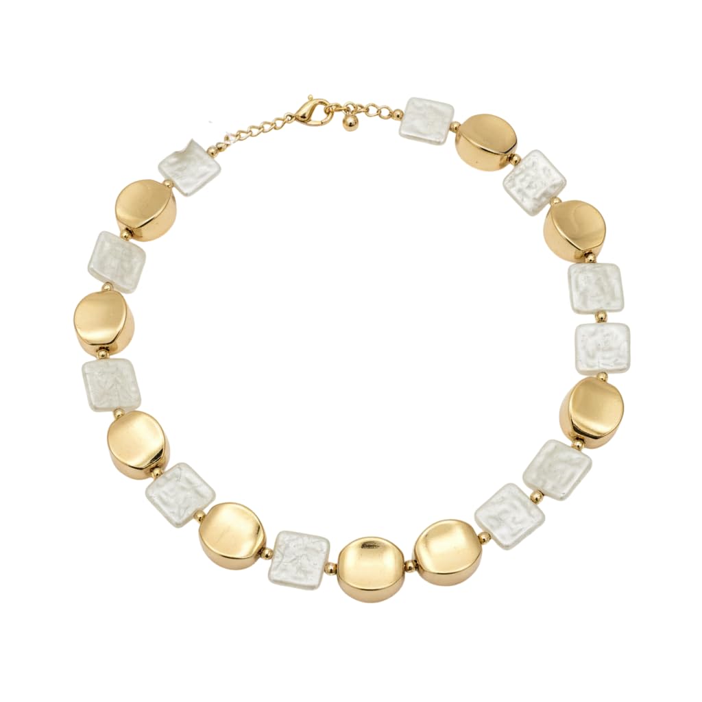 BC12523- Pretty Precious Alternating Gold Metal and White Pearl Beaded Necklace, Irregular Baroque Style, Adjustable Chain Clasp
