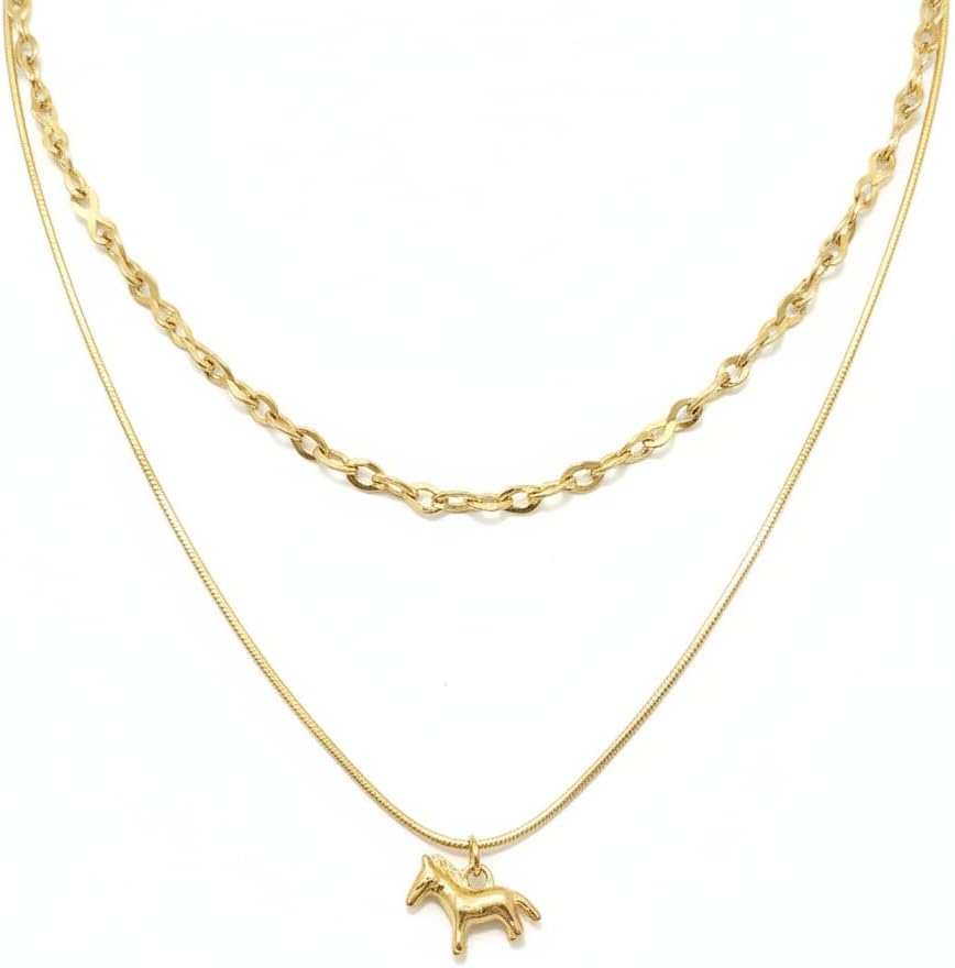 BC12527- Pretty Precious Layered Gold Chain Necklace Set with Horse Pendant Charm, Double Layer Snake Chain and Link Chain