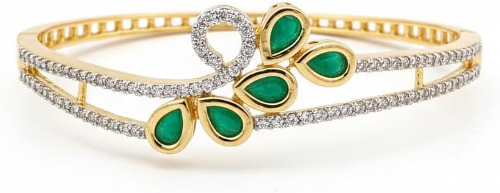 1410-Pretty Precious American Diamond Openable Kada Bracelet for Women, Gold & Silver Plating, Cubic Zirconia, One Size, Party & Wedding-Green