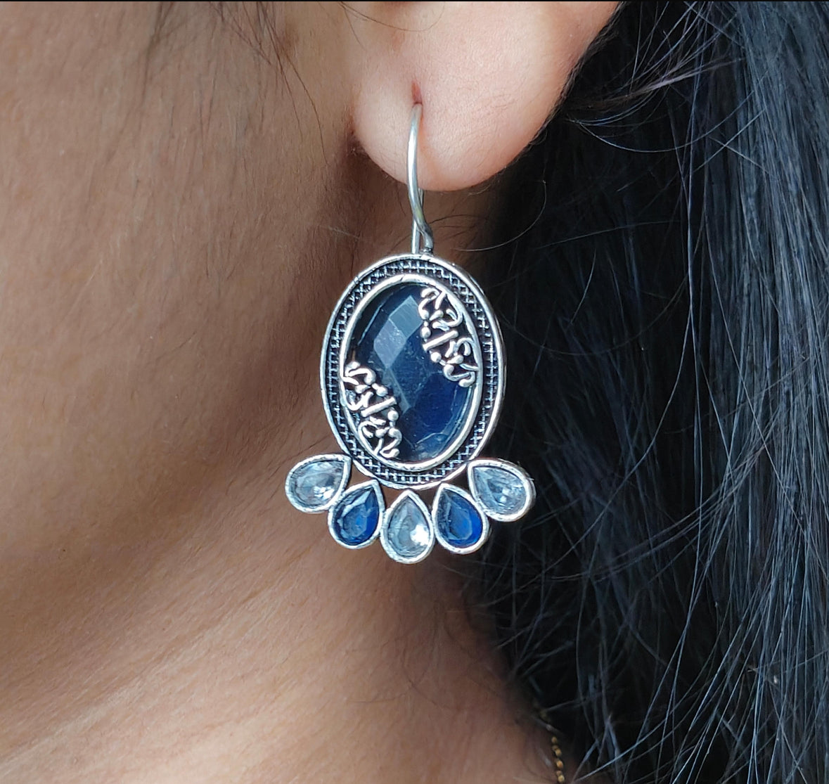 91509-ERO Pretty Precious Fashion Oxidised Silver Stylish Party Wear Earrings for Women and Girls-Blue
