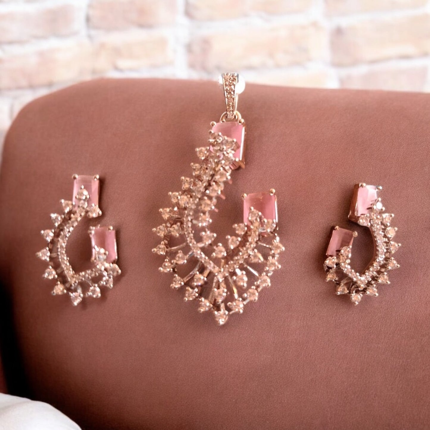 435238-American Diamond Delicate Pendant Set With Rhodium Plating-Pink