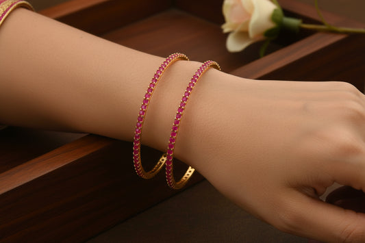 431232-Pretty Precious Gold Plated Cubic Zirconia/American Diamond Traditional Bangles/Bracelet Set of 2 for Women and Girls- Ruby (Size 2.8)