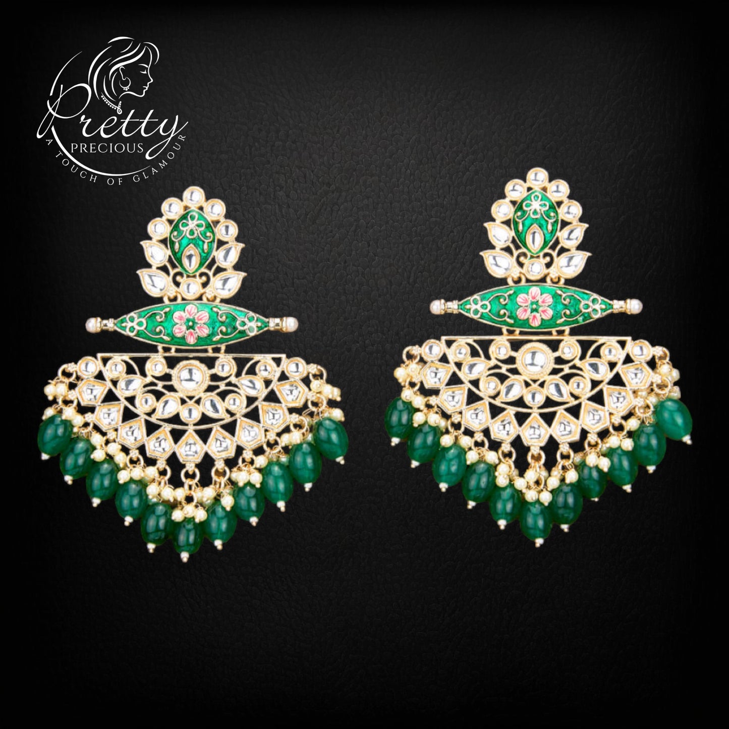 110857 Indo Western Beads Earring With Gold Plating-Green