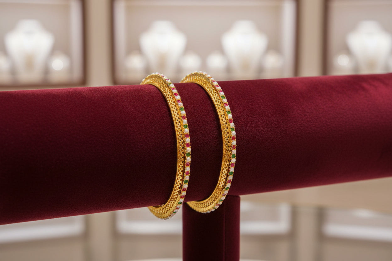 435665-Pretty Precious Gold Plated Cubic Zirconia/American Diamond Traditional Bangles/Bracelet Set of 2 for Women and Girls- Ruby Green (Size 2.6)