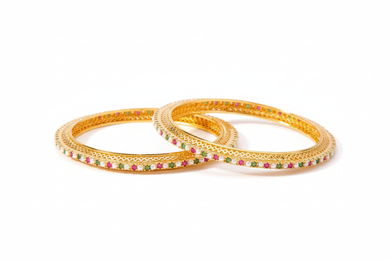 435665-Pretty Precious Gold Plated Cubic Zirconia/American Diamond Traditional Bangles/Bracelet Set of 2 for Women and Girls- Ruby Green (Size 2.6)
