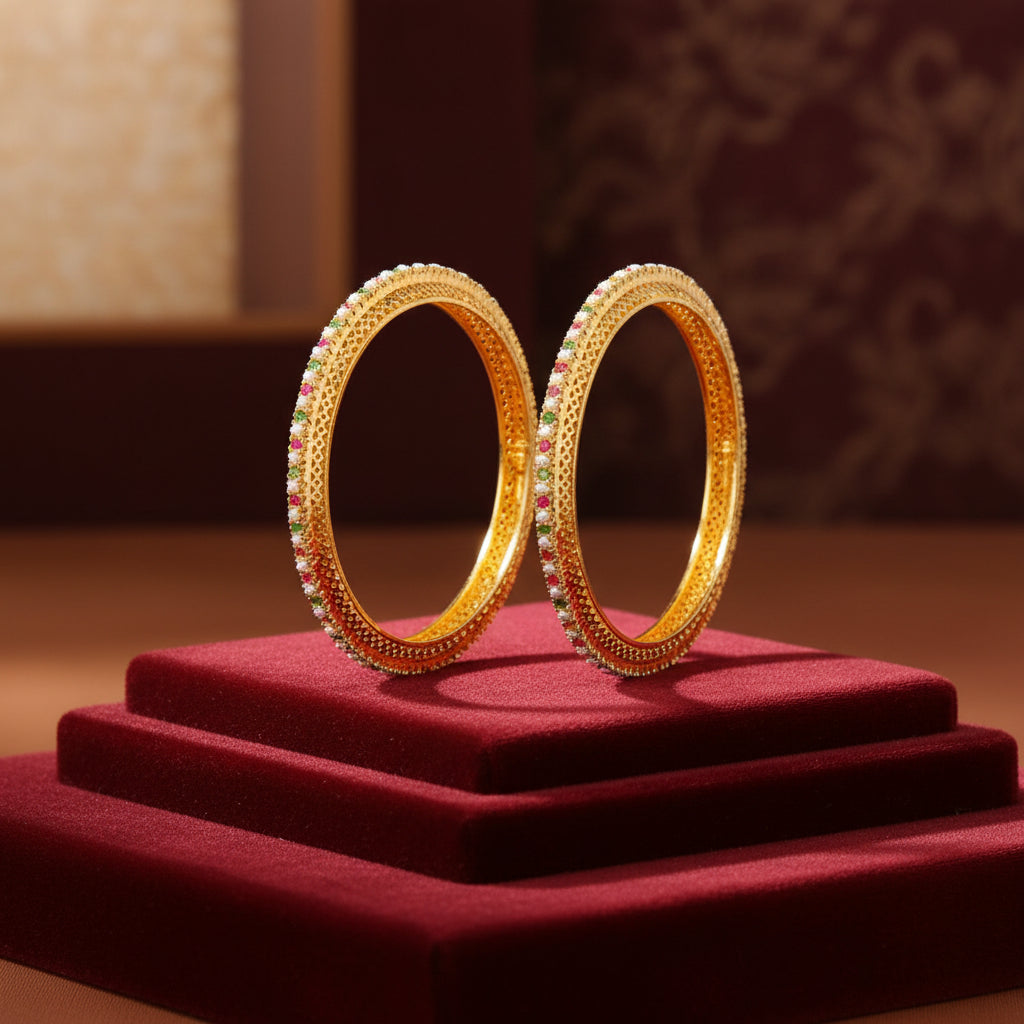435665-Pretty Precious Gold Plated Cubic Zirconia/American Diamond Traditional Bangles/Bracelet Set of 2 for Women and Girls- Ruby Green (Size 2.6)
