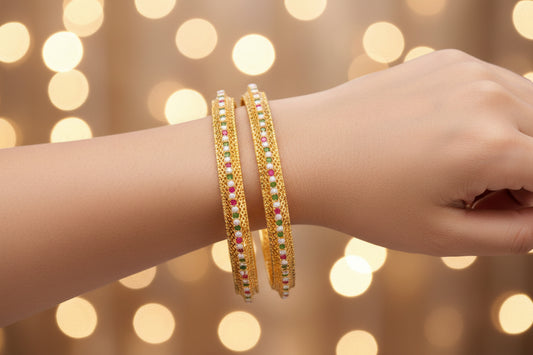 435665-Pretty Precious Gold Plated Cubic Zirconia/American Diamond Traditional Bangles/Bracelet Set of 2 for Women and Girls- Ruby Green (Size 2.6)