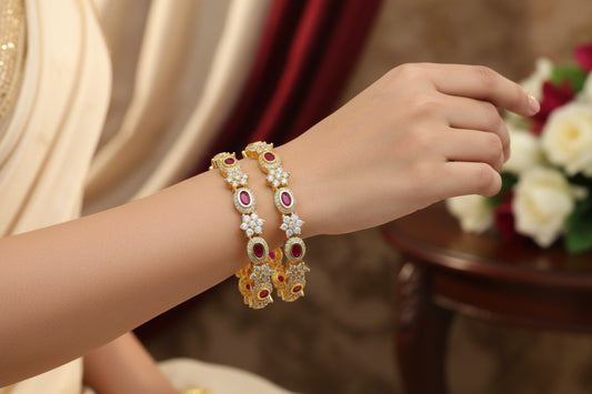 438936-Pretty Precious Gold Plated Cubic Zirconia/American Diamond Traditional Bangles/Bracelet Set of 2 for Women and Girls- Ruby (Size 2.6)