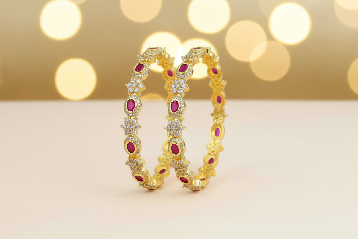 438936-Pretty Precious Gold Plated Cubic Zirconia/American Diamond Traditional Bangles/Bracelet Set of 2 for Women and Girls- Ruby (Size 2.6)