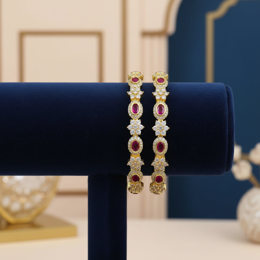 438936-Pretty Precious Gold Plated Cubic Zirconia/American Diamond Traditional Bangles/Bracelet Set of 2 for Women and Girls- Ruby (Size 2.6)