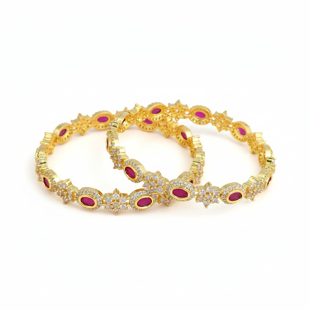 438936-Pretty Precious Gold Plated Cubic Zirconia/American Diamond Traditional Bangles/Bracelet Set of 2 for Women and Girls- Ruby (Size 2.6)