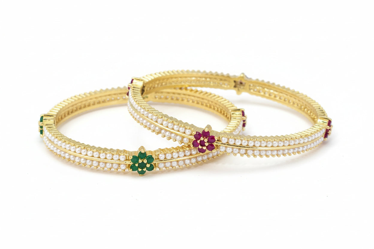 439154-Pretty Precious Gold Plated Cubic Zirconia/American Diamond Traditional Bangles/Bracelet Set of 2 for Women and Girls- Ruby Green (Size 2.8)