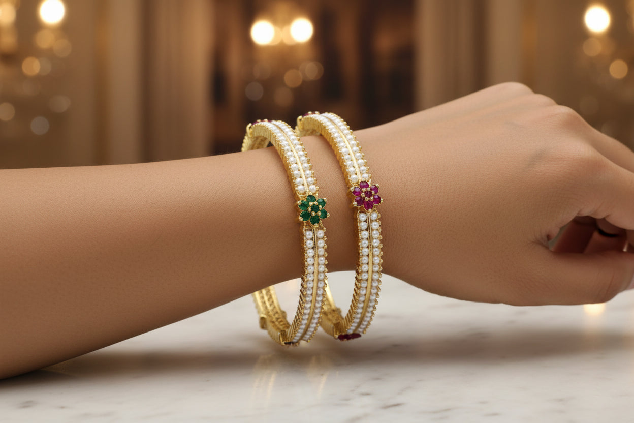 439154-Pretty Precious Gold Plated Cubic Zirconia/American Diamond Traditional Bangles/Bracelet Set of 2 for Women and Girls- Ruby Green (Size 2.8)