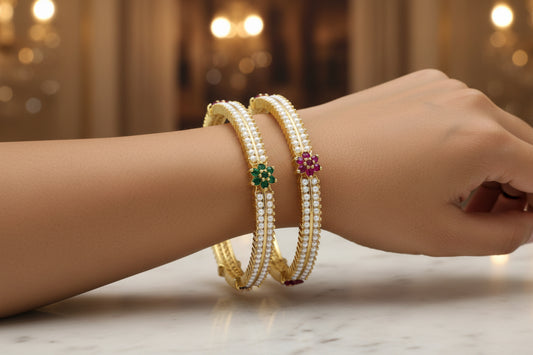 439154-Pretty Precious Gold Plated Cubic Zirconia/American Diamond Traditional Bangles/Bracelet Set of 2 for Women and Girls- Ruby Green (Size 2.8)