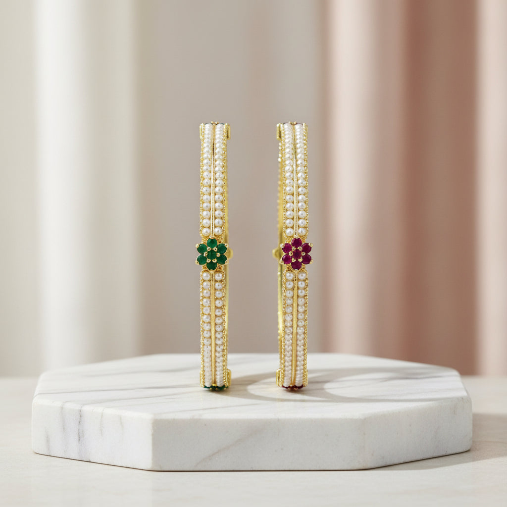 439154-Pretty Precious Gold Plated Cubic Zirconia/American Diamond Traditional Bangles/Bracelet Set of 2 for Women and Girls- Ruby Green (Size 2.8)