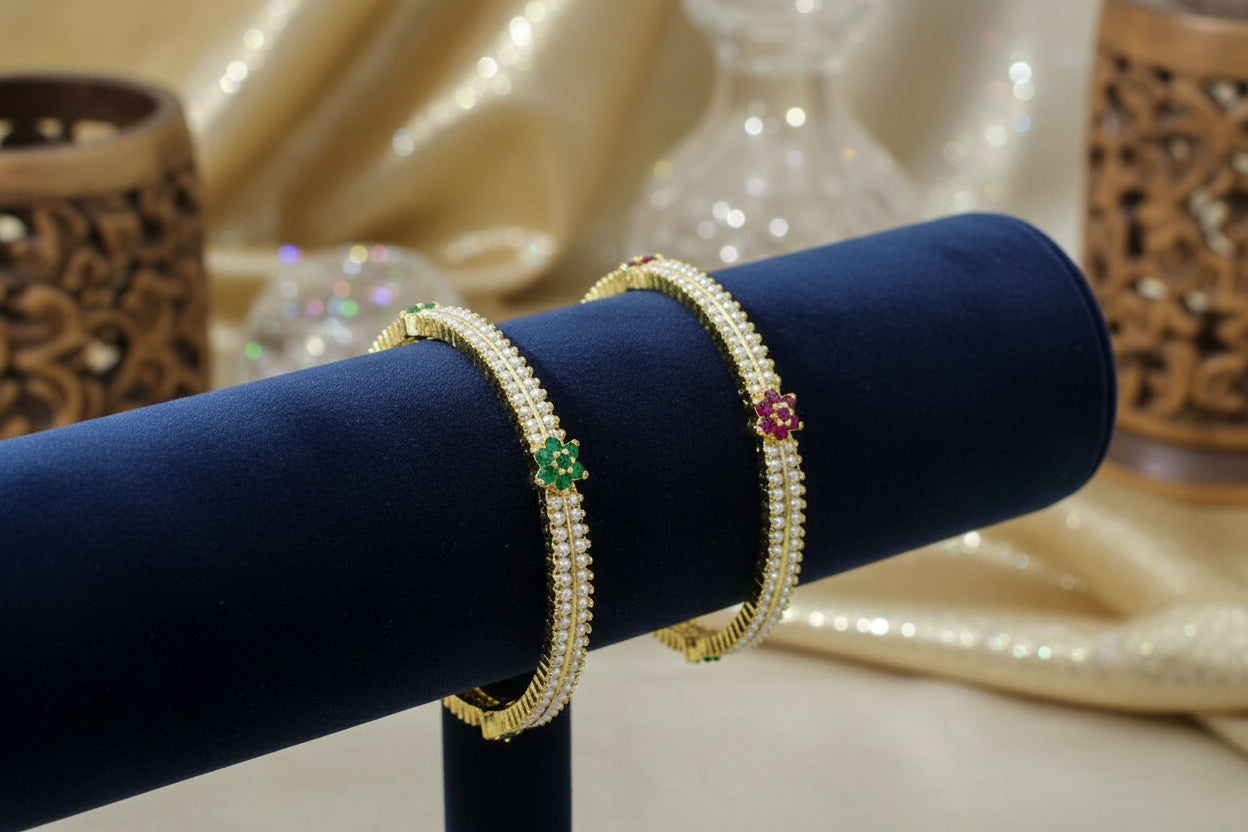 439154-Pretty Precious Gold Plated Cubic Zirconia/American Diamond Traditional Bangles/Bracelet Set of 2 for Women and Girls- Ruby Green (Size 2.8)