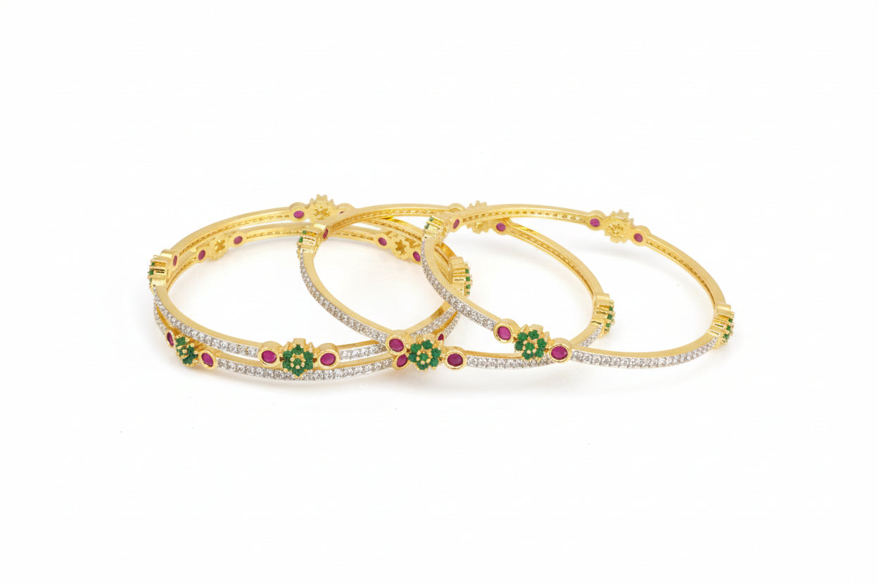 441852-Pretty Precious Gold Plated Cubic Zirconia/American Diamond Traditional Bangles/Bracelet Set of 4 for Women and Girls- Ruby Green (Size 2.6)