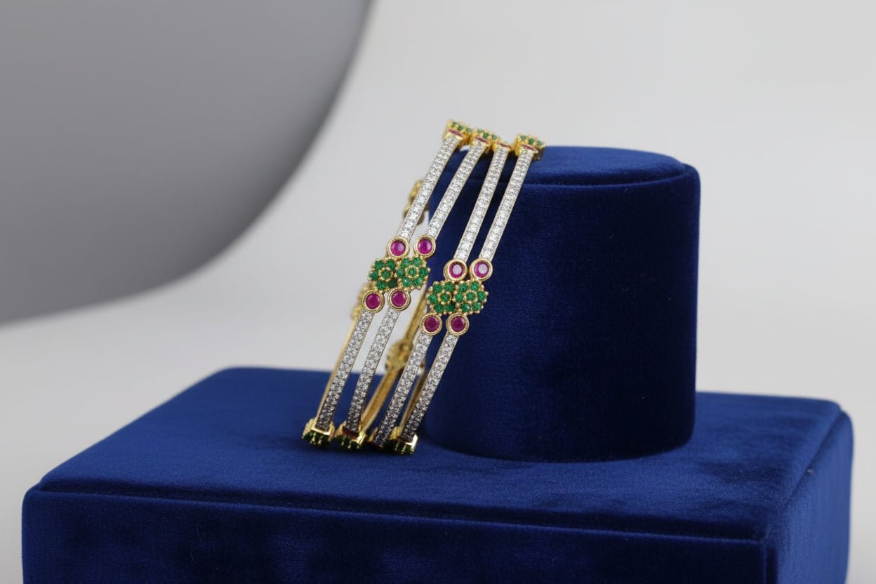 441852-Pretty Precious Gold Plated Cubic Zirconia/American Diamond Traditional Bangles/Bracelet Set of 4 for Women and Girls- Ruby Green (Size 2.6)