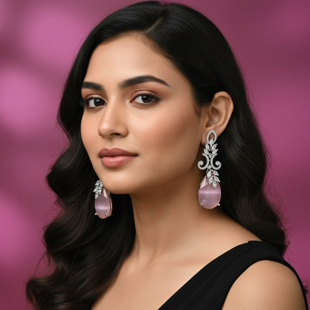 439589 Cz Classic Earring With Rhodium Plating-Pink