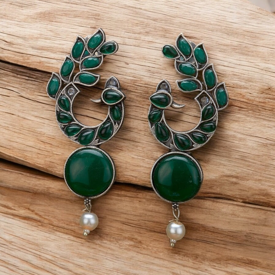 806913 Peacock Jhumki With Oxidised Plating-Green