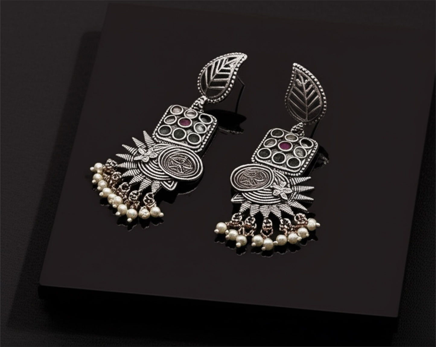 806461 Oxidised German Silver Earring With 2 Tone Plating