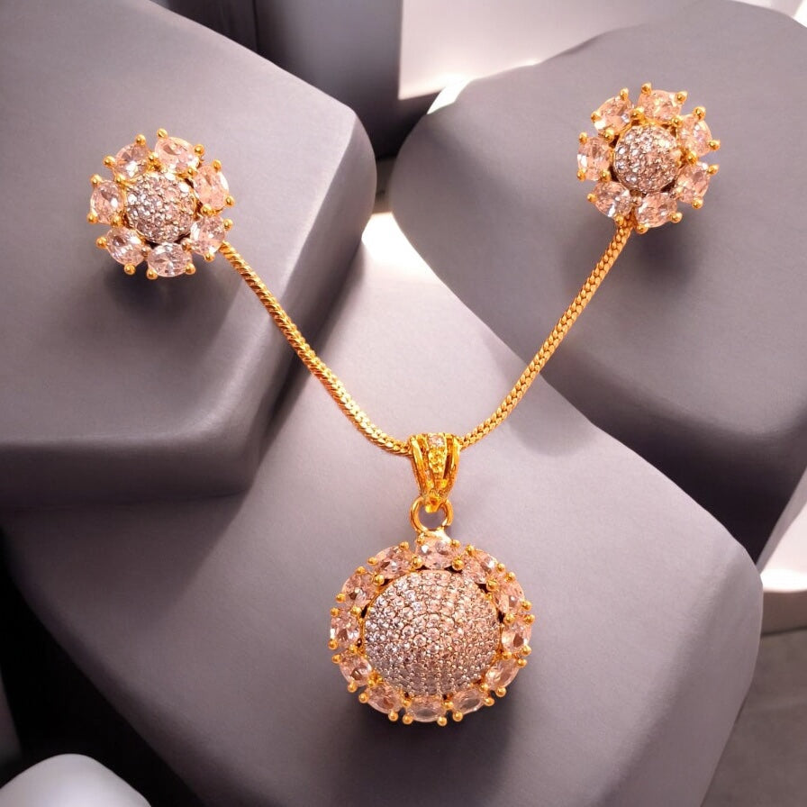 92259-PS-American Diamond Delicate Pendant Set With Gold Plating-Design 3