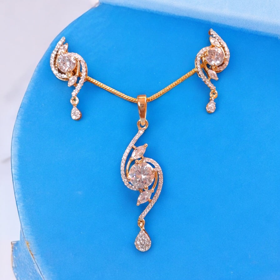 93159-PS-American Diamond Delicate Pendant Set With Gold Plating-White