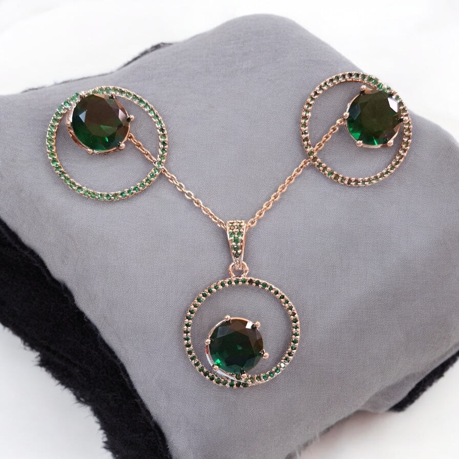 92959-PS-American Diamond Delicate Pendant Set With Rhodium Plating-Green