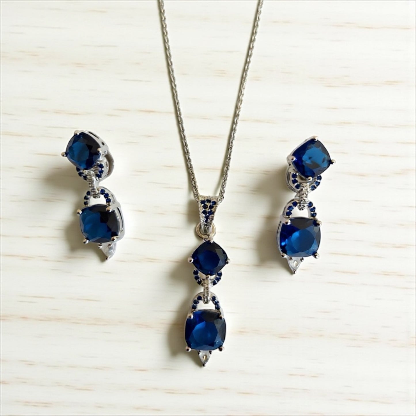 92509-PS-American Diamond Delicate Pendant Set With Rhodium Plating-Blue