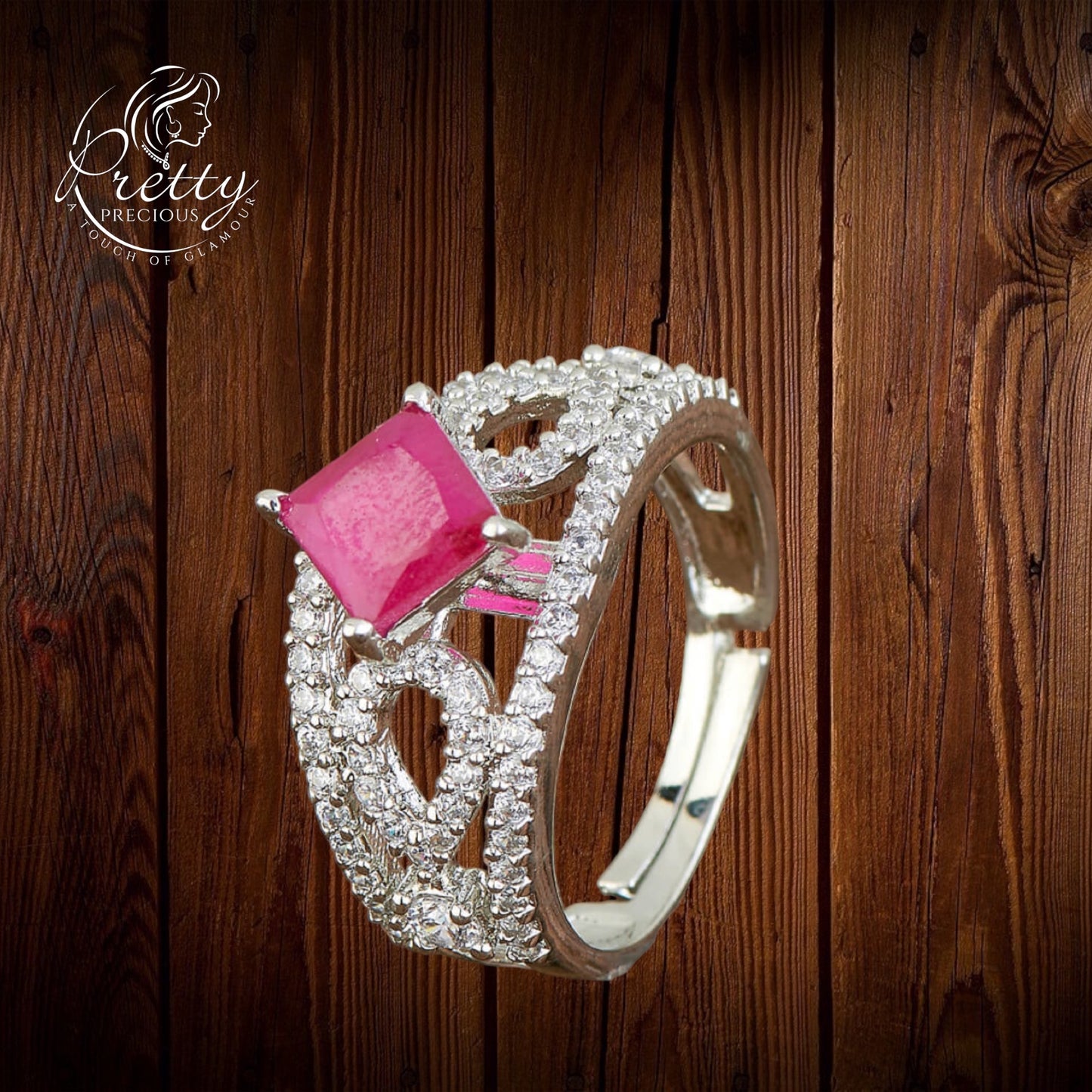 428288-RB Cz Adjustable Ring With Rhodium Plating-Ruby