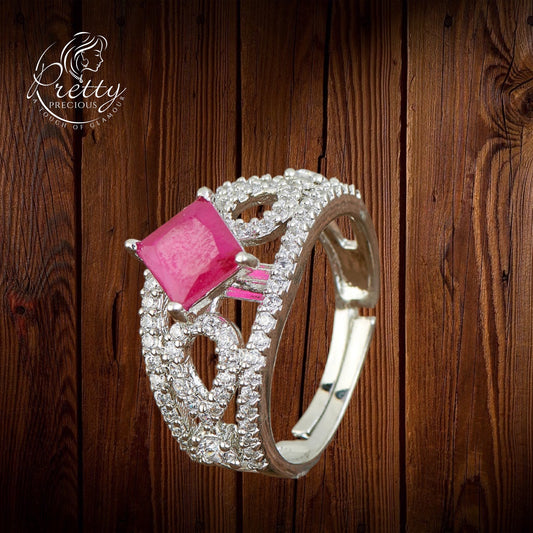 428288-RB Cz Adjustable Ring With Rhodium Plating-Ruby