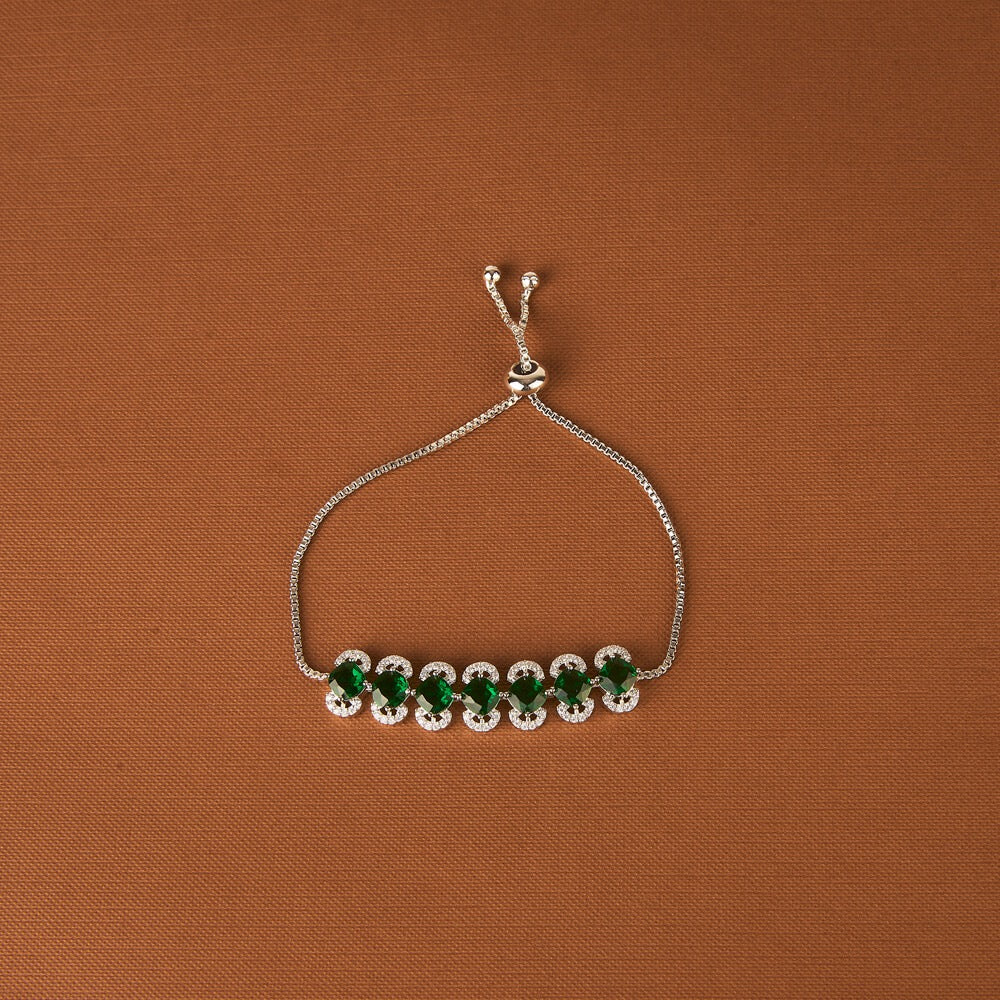 437731 Cubic Zirconia Adjustable Bracelet With Rhodium Plating-Green