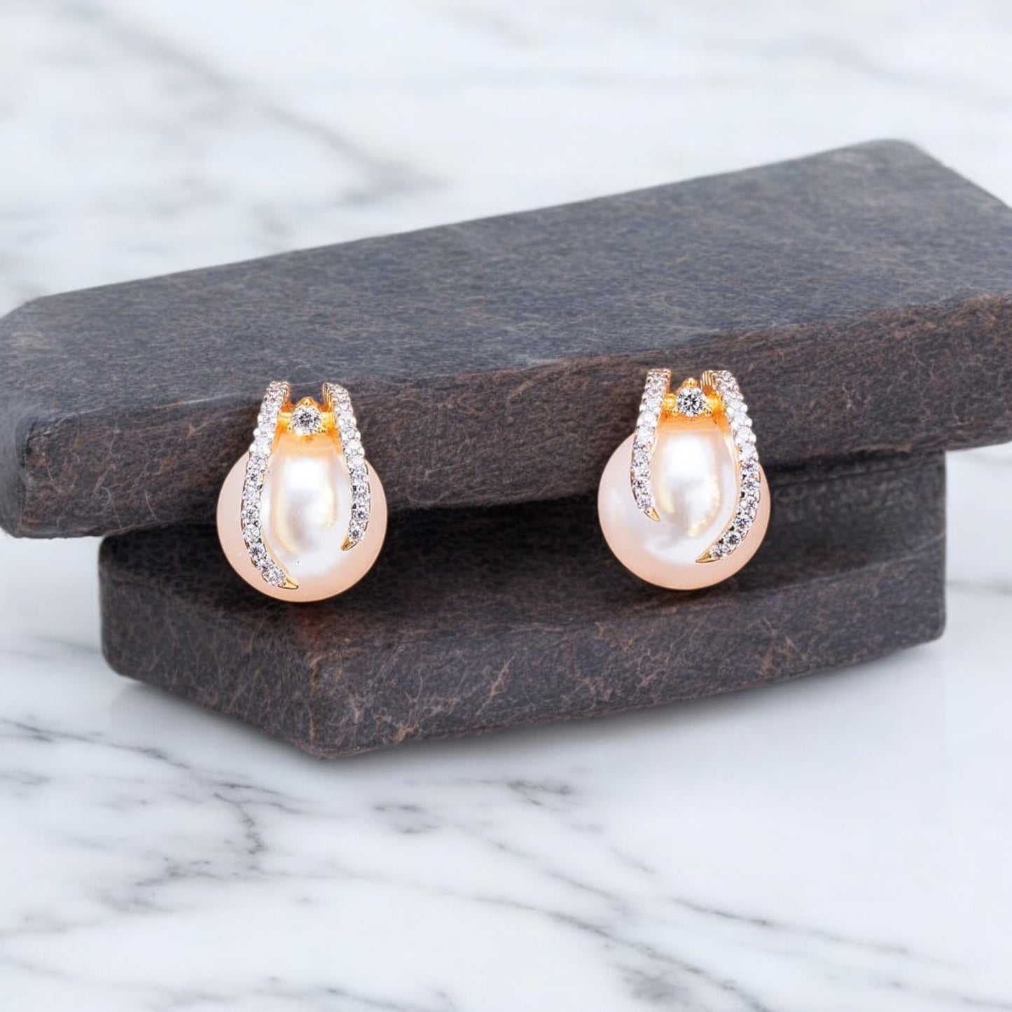 435168 Cubic Zirconia Pearl Earring With 2 Tone Rhodium Plating