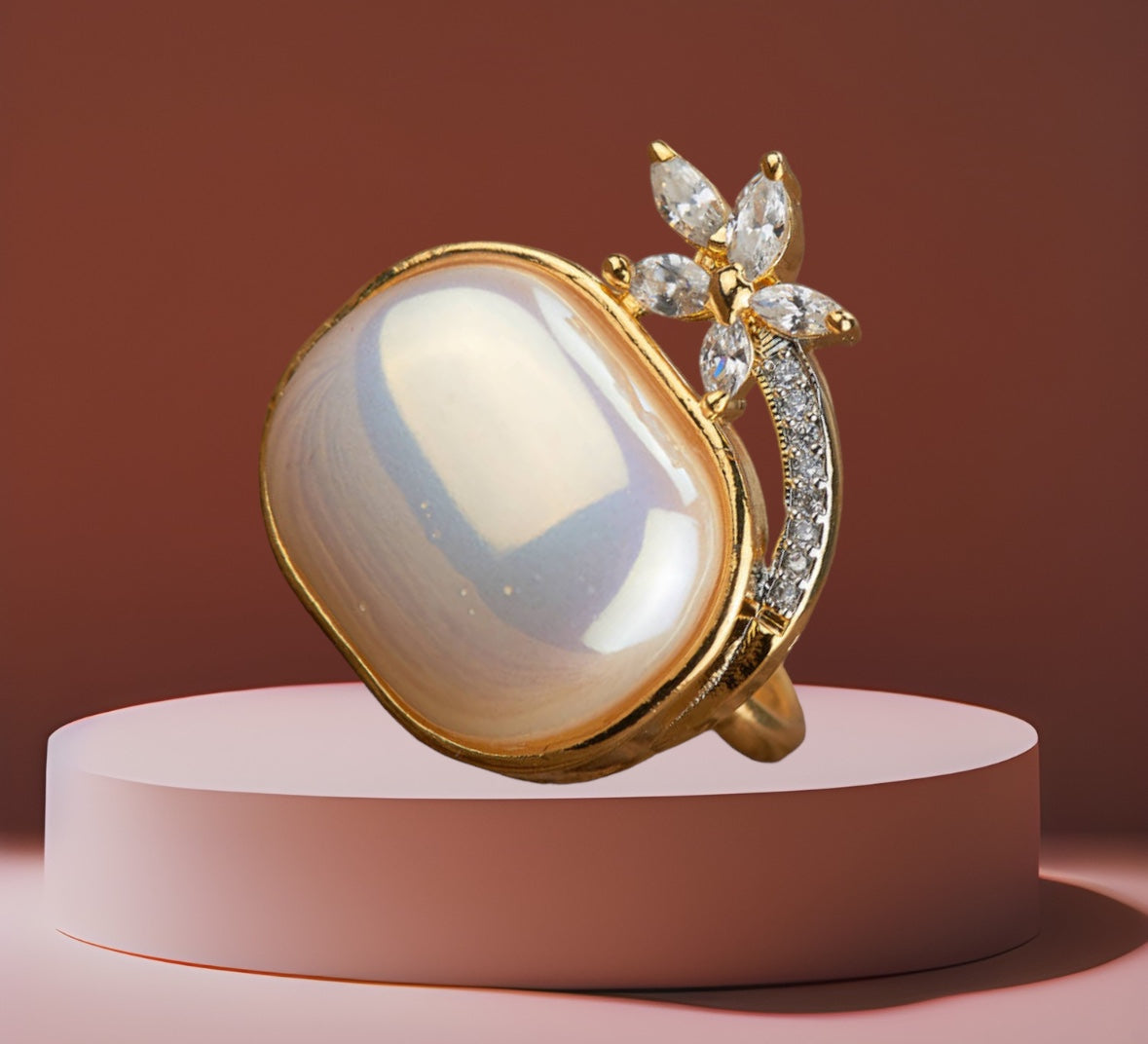 430122-Cz Pearl Ring With Rhodium 2 Tone Plating-2 Tone