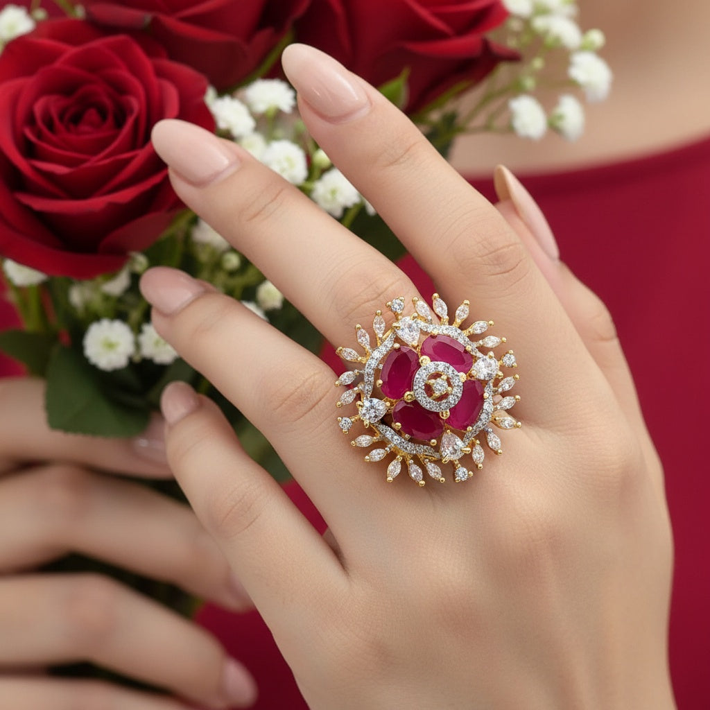 439197 American Diamond Adjustable Ring With 2 Tone Plating-Ruby