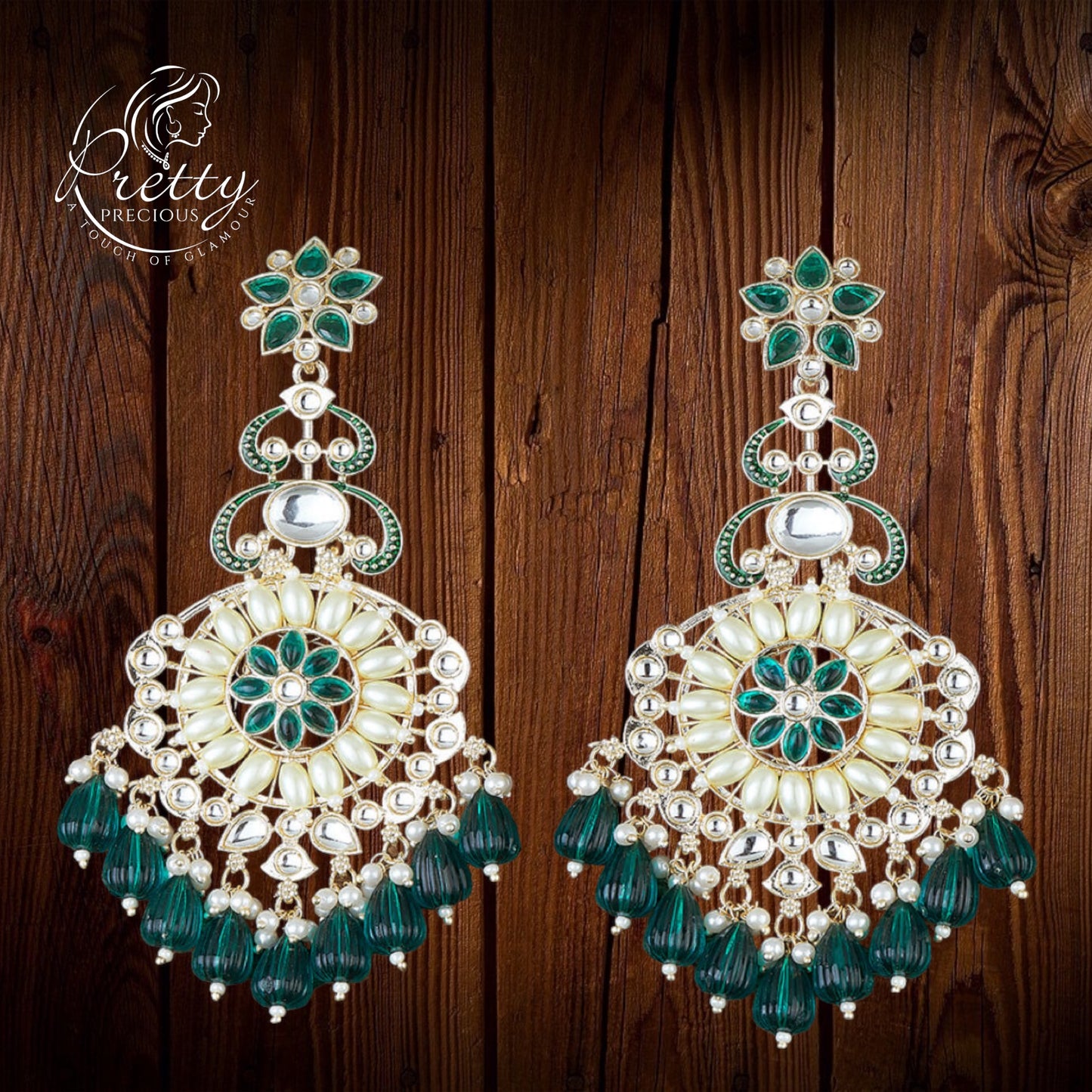 110860 Indo Western Beads Earring With Gold Plating-Green
