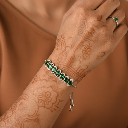 437731 Cubic Zirconia Adjustable Bracelet With Rhodium Plating-Green