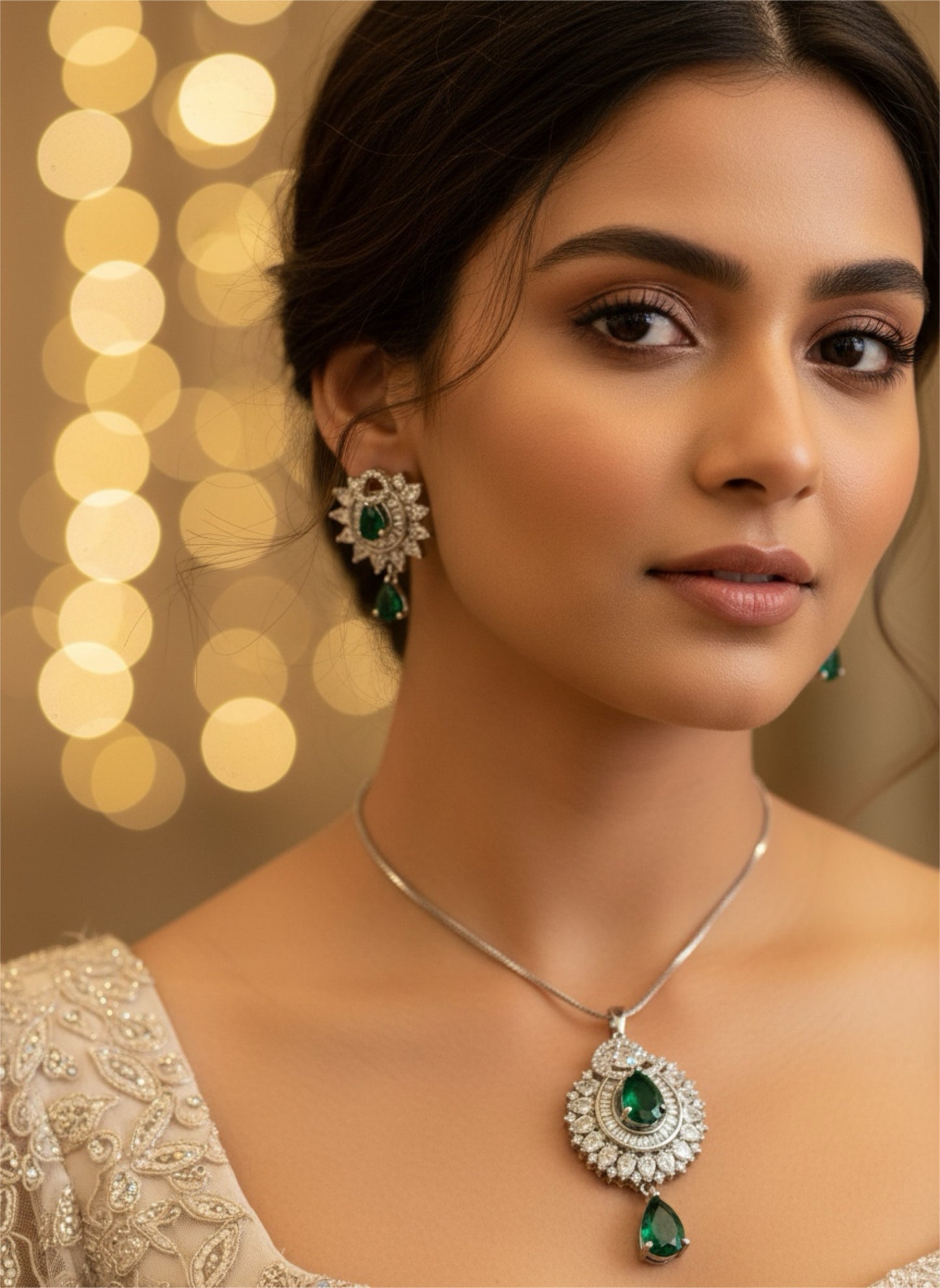 94209-PS-American Diamond Delicate Pendant Set With Rhodium Plating-Green