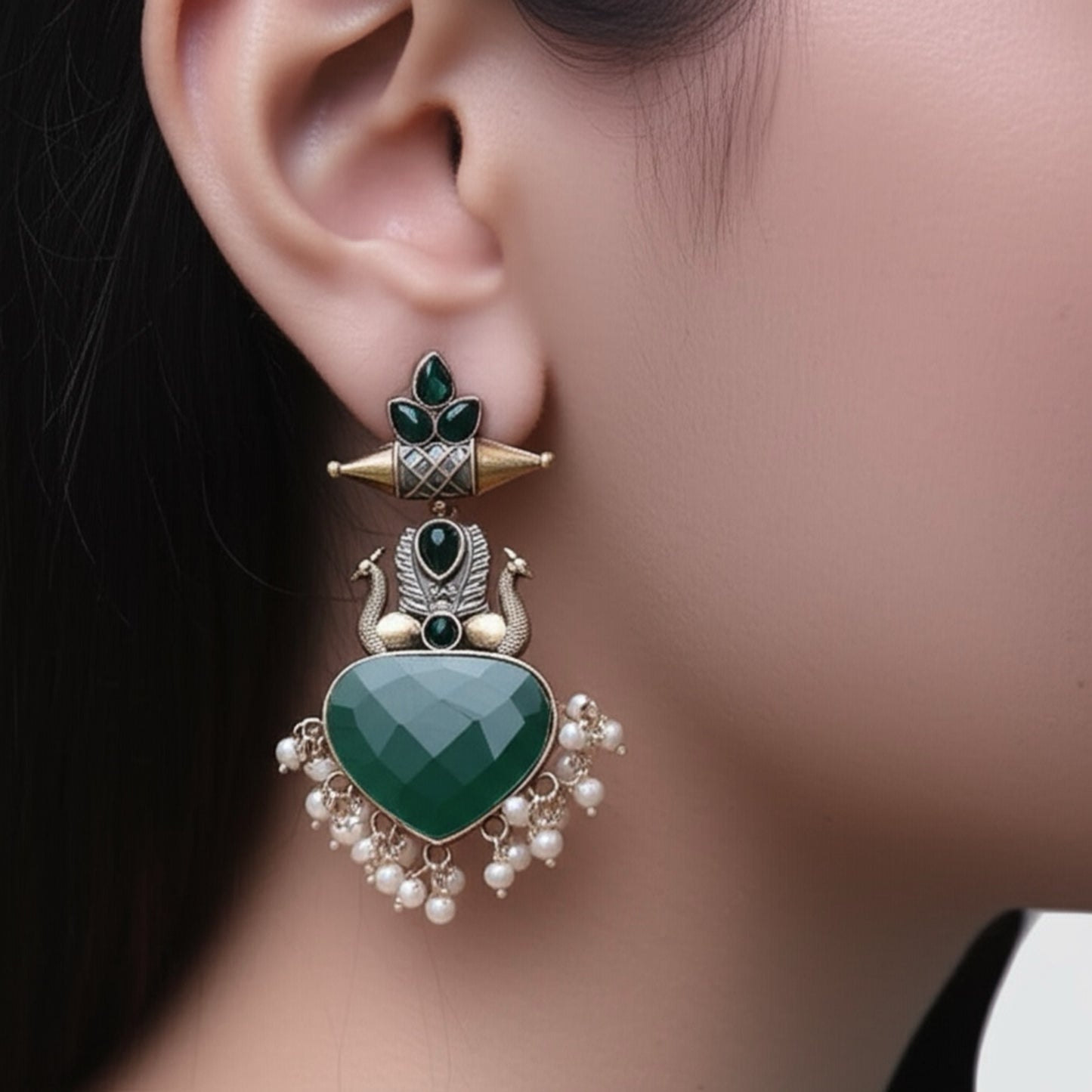 94509-ERO Pretty Precious Fashion Oxidised Silver Stylish Party Wear Earrings for Women and Girls-Green
