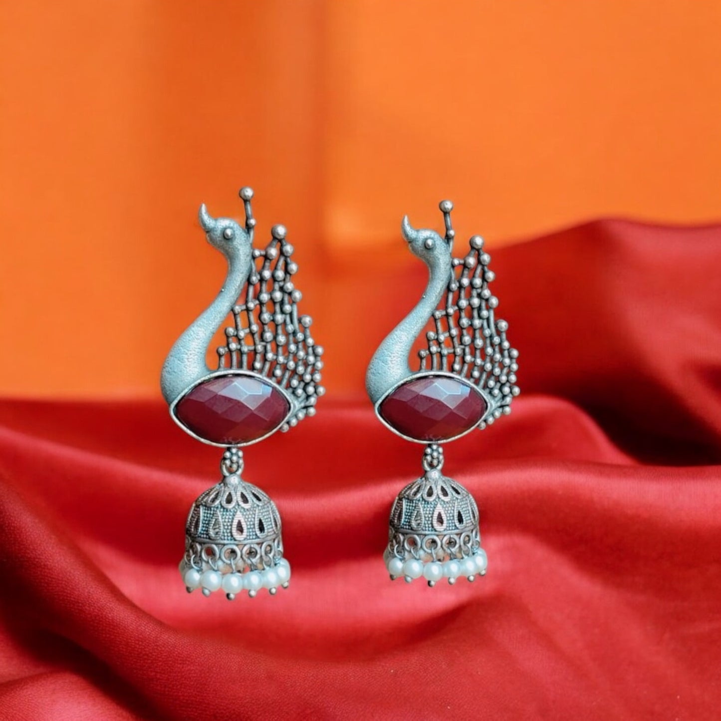 92209-ERO Pretty Precious Fashion Oxidised Silver Stylish Party Wear Earrings for Women and Girls-Ruby