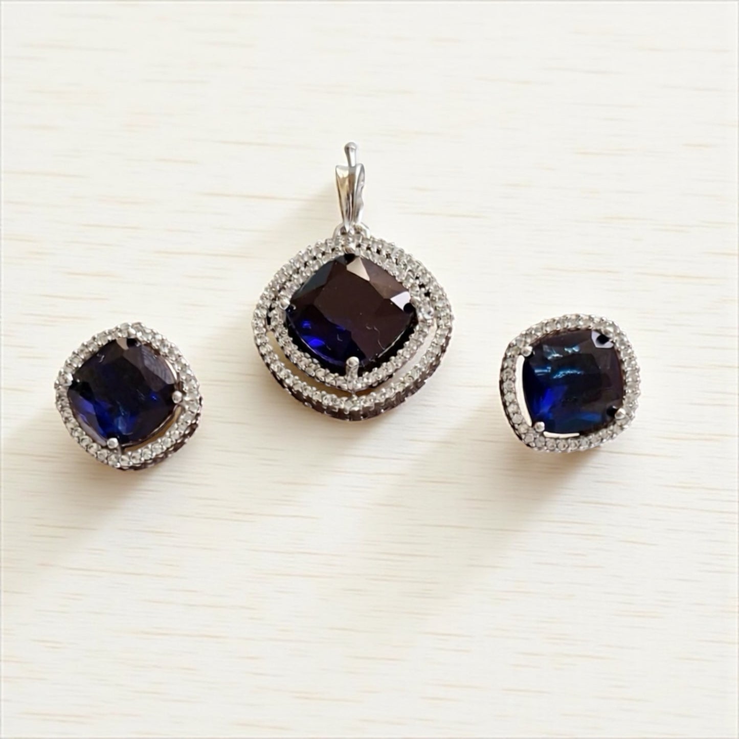 436101-American Diamond Delicate Pendant Set With Rhodium Plating-Blue